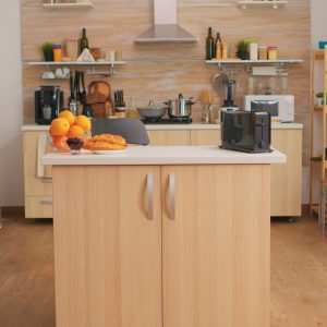 Coffee machine in kitchen with nobody in it. Modern dining room with coffee machine in cozy interior with technology and furniture, decoration and architercture, comfortable room